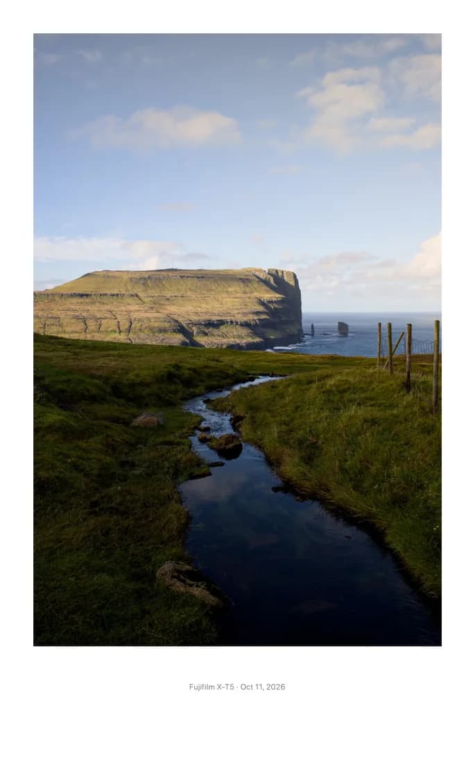 A stream running towards the sea cliffs, framed in Instant
