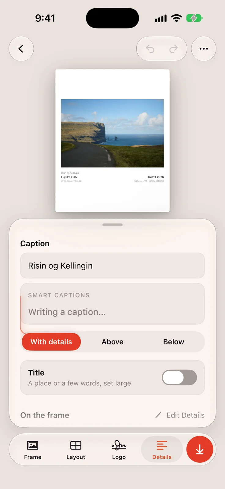 The Details tab in Matte, with a caption and camera details